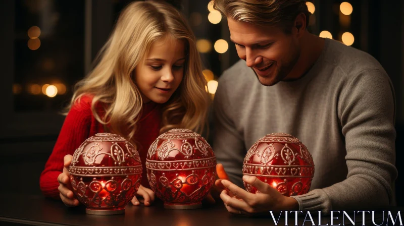 Christmas Family Celebration: Father and Daughter with Red Christmas Balls AI Image
