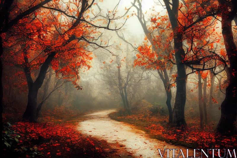 Enchanting Forest Path with Red Leaves | Dreamy Color Palette AI Image