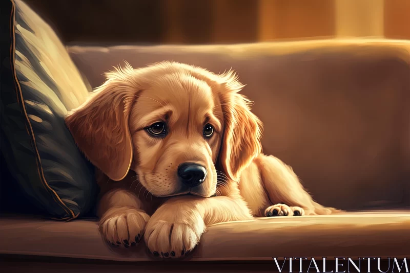 Peaceful Golden Retriever on a Cozy Couch - Charming Character Illustrations AI Image