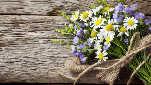 Rustic Bouquet of Daisies and Wildflowers on Wooden Background