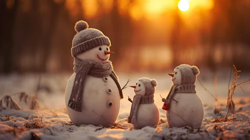 Snowmen Family in Winter Forest Sunset