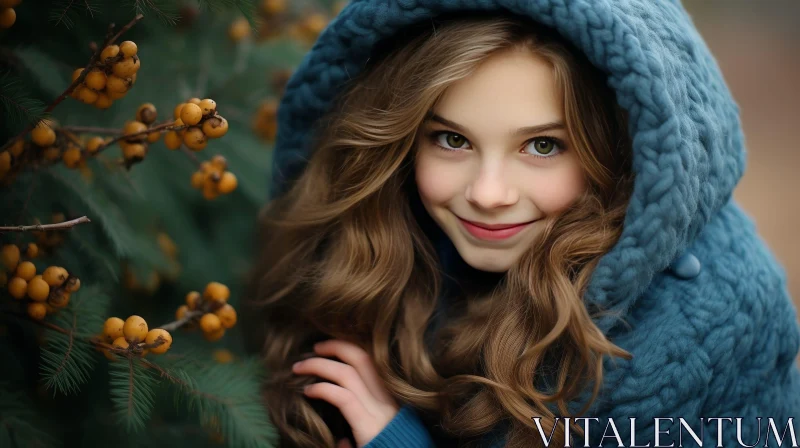 Young Girl Portrait with Blue Hood AI Image