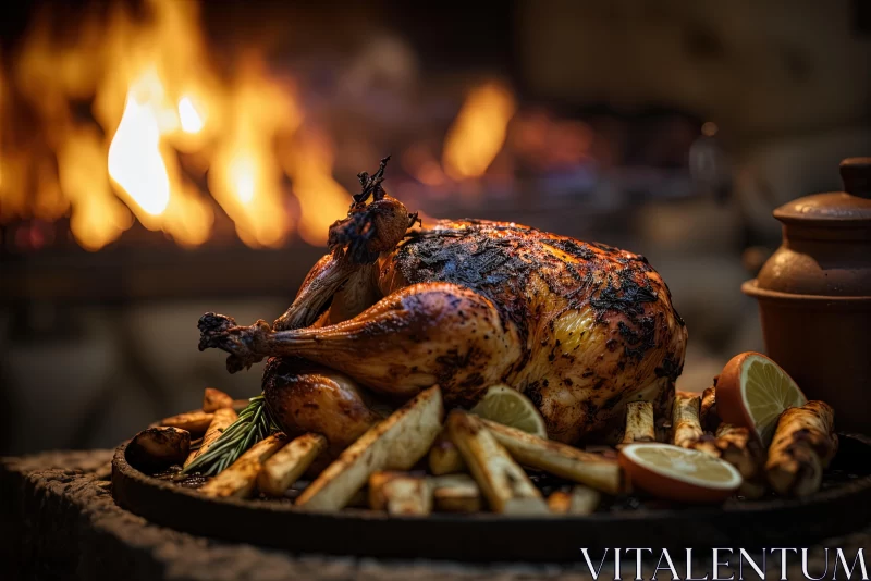 Delicious Chicken and French Fries by the Fireplace - A Captivating Image AI Image