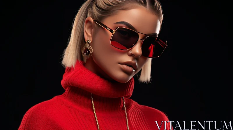 Serious Young Woman Portrait in Red Fashion AI Image