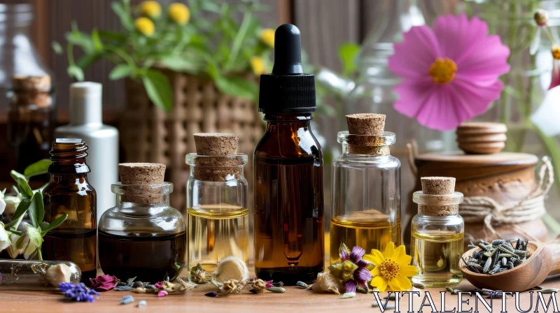 Essential Oils Collection on Wooden Table with Garden Background AI Image