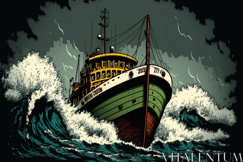 Ship Riding Waves: Vintage Comic Style Artwork AI Image