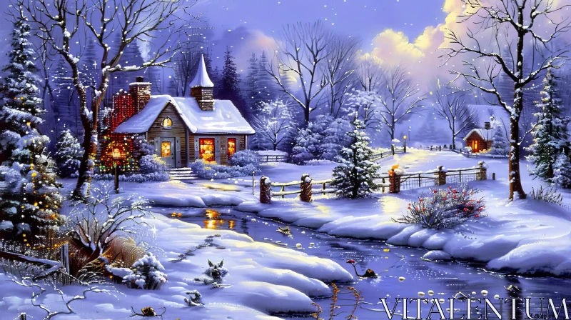 Tranquil Winter Landscape with Cottage in Snowy Forest AI Image
