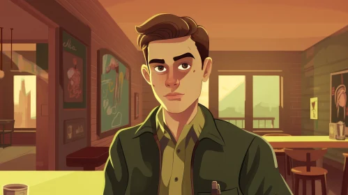 Young Man in Diner - Cartoon Illustration