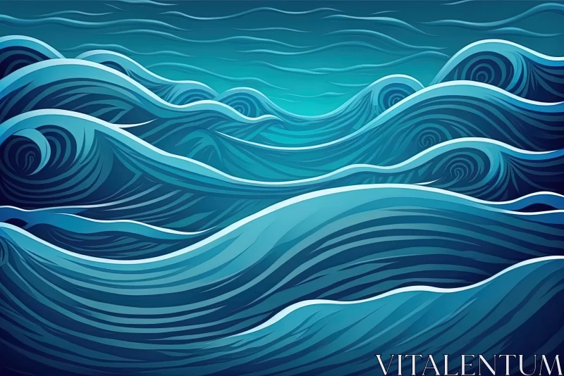 Blue Sea Waves: Surrealistic Chiaroscuro Woodcut Illustration AI Image