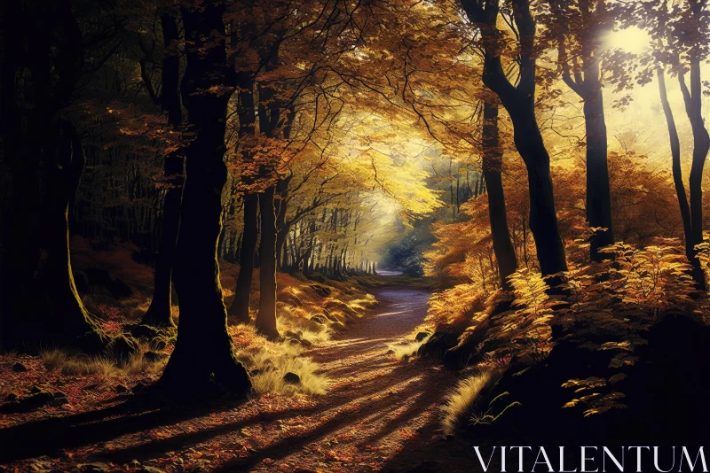 Enchanting Pathway Through a Dark Forest | Golden Light and Amber Shadows AI Image