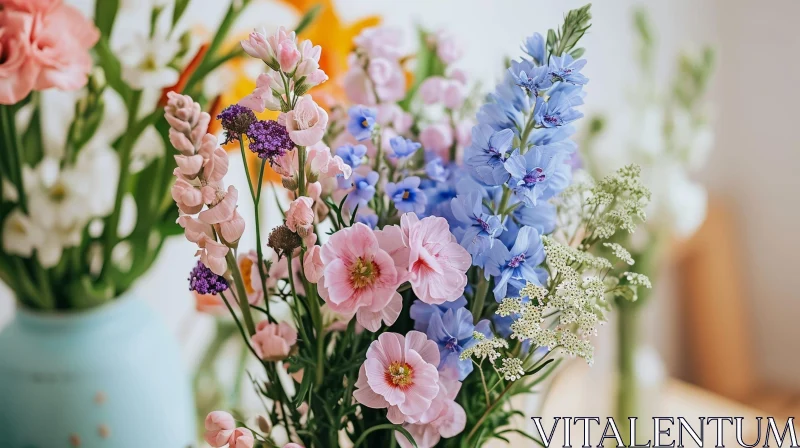 Exquisite Bouquet of Pink, Purple, and Blue Flowers in Vase AI Image