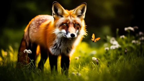 Majestic Red Fox and Butterfly in Green Field