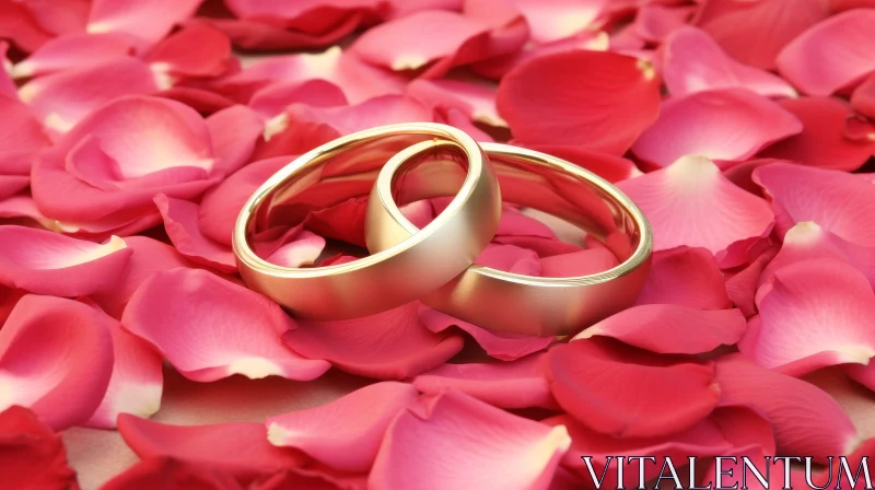 Romantic Gold Wedding Rings on Red Rose Petals AI Image