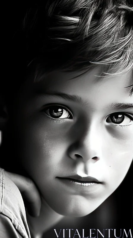 Serious Black and White Portrait of a Little Boy AI Image