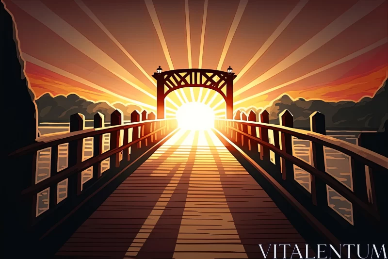 Sunset Bridge Illustration: Lively Colored Cartoon-Style Drawing AI Image