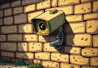 Surrealistic Yellow Camera on Brick Wall - High Resolution Artwork