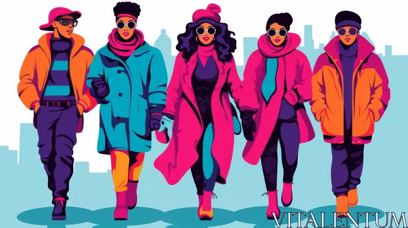 AI ART Urban Joy - Diverse Group Walking in Winter Cityscape