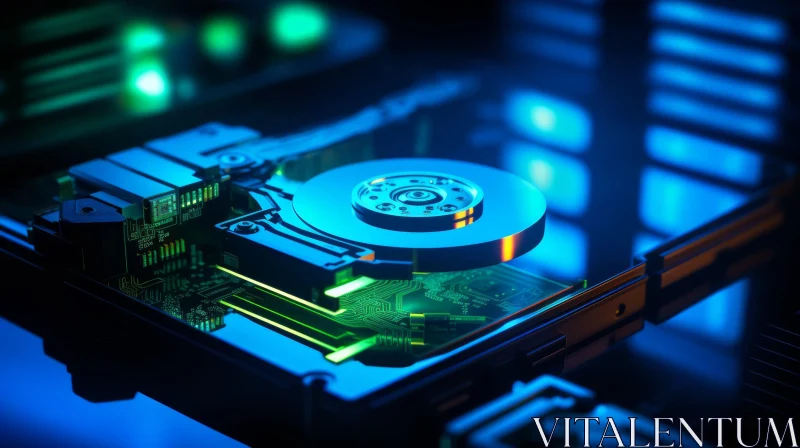 AI ART Detailed Close-up of Hard Disk Drive (HDD) on Blue Surface