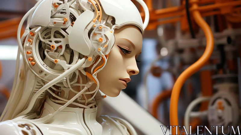 Futuristic Female Android in White and Orange Armor AI Image