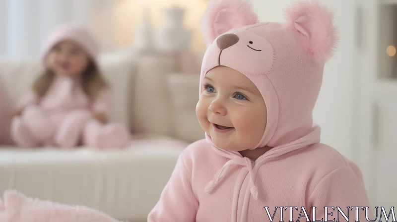 Joyful Baby Girl in Pink Bear Outfit AI Image