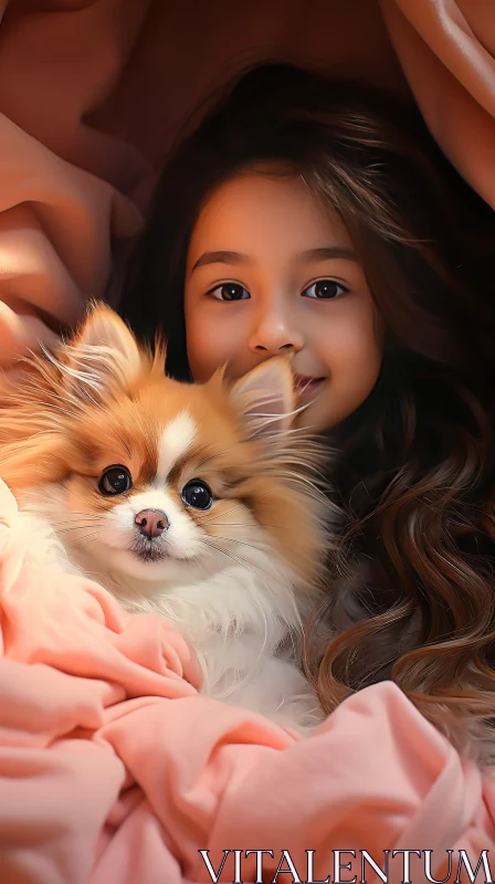 AI ART Joyful Girl and Dog on Pink Blanket