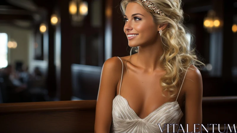 Beautiful Young Woman in White Wedding Dress Smiling in Church AI Image