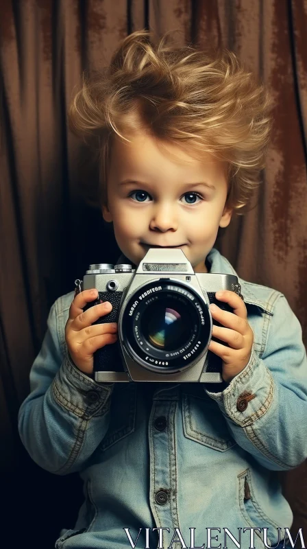 Cheerful Boy with Old Camera in Denim Shirt AI Image