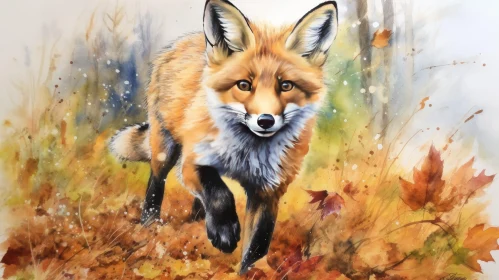 Red Fox Watercolor Painting in Fall Forest