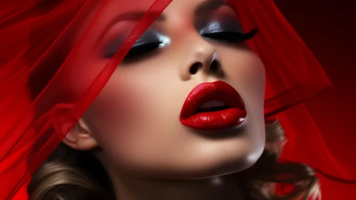 Red Veil Beauty: Young Woman in Close-Up