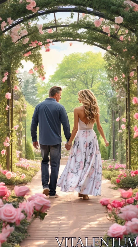 Romantic Couple Stroll Through Rose Garden AI Image