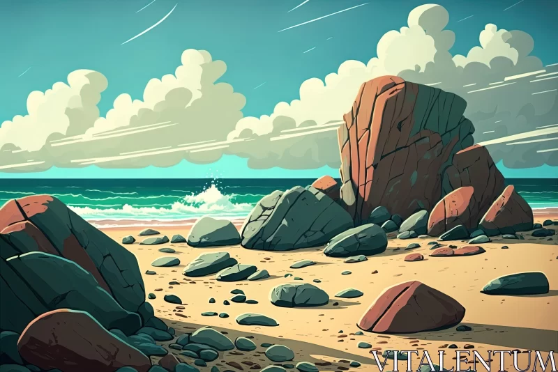 Serene Beach Illustration with Rocks and Clouds | Detailed Comic Book Art AI Image