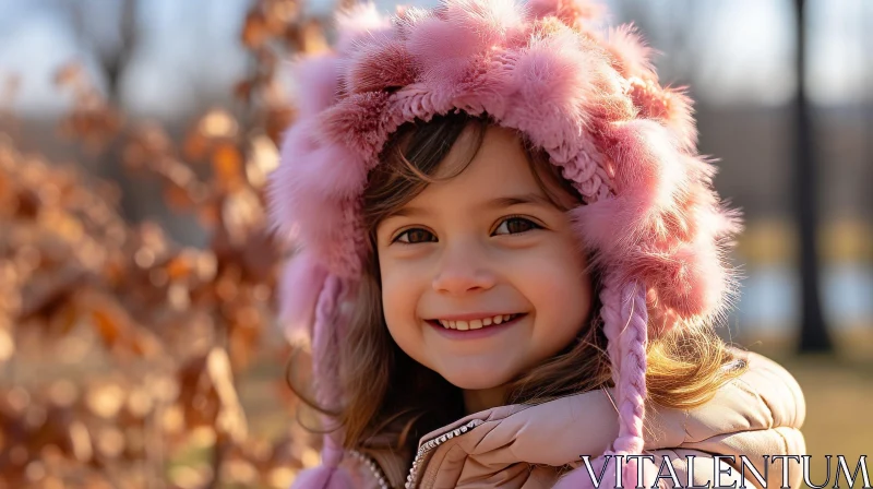 Smiling Little Girl Portrait with Pink Fur Hat AI Image