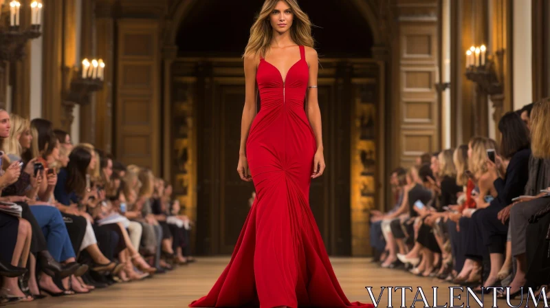 Stylish Fashion Model in Red Dress on Runway AI Image