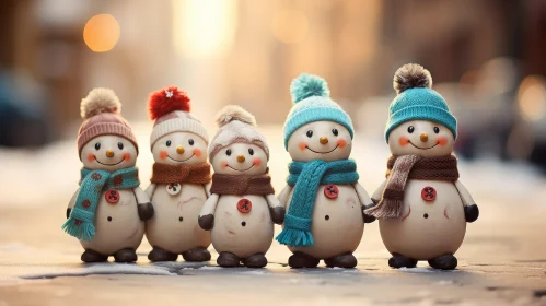 Charming Ceramic Snowmen in City Setting