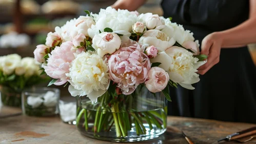 Elegant Woman Arranging White and Pink Peonies Bouquet