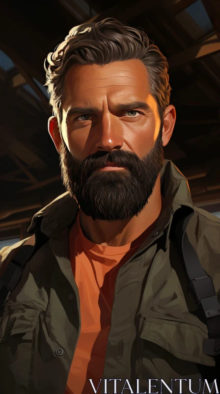AI ART Serious Man Portrait in Orange Shirt and Green Jacket