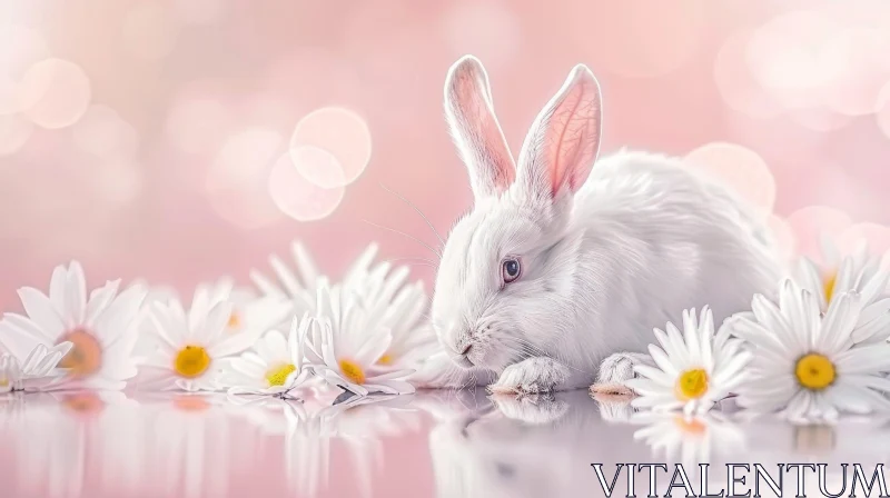 White Rabbit Among Daisies - Close-up Floral Scene AI Image