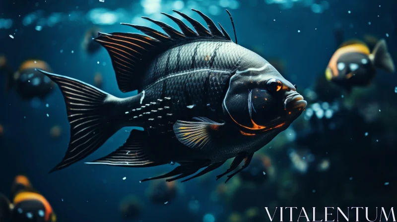 Black Marine Fish Swimming in Dark Blue Sea AI Image