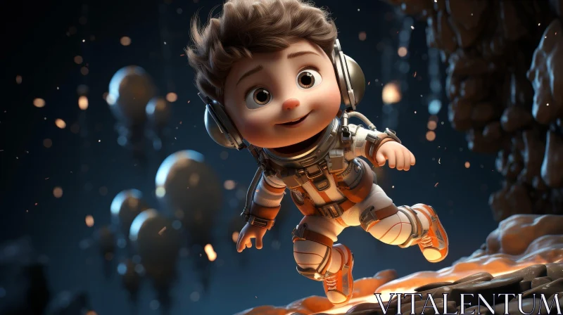 Cheerful Cartoon Astronaut Boy in Space Suit Surrounded by Stars and Planets AI Image