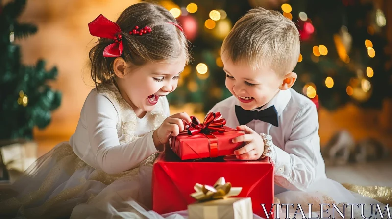 Christmas Joy: Children Unwrapping Gift by Christmas Tree AI Image