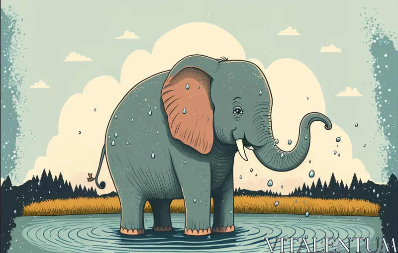 Elephant in a Lake: Mid-Century Illustration with Detailed Characters AI Image