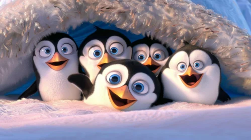 Happy Penguins in Snowy Burrow - Children's Book Illustration