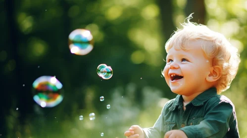 Joyful Boy Playing with Soap Bubbles in Sunlit Park