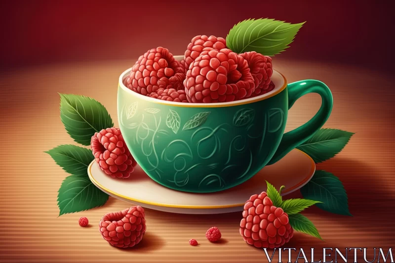Realistic Still Life: Green Cup with Raspberries and Leaves AI Image