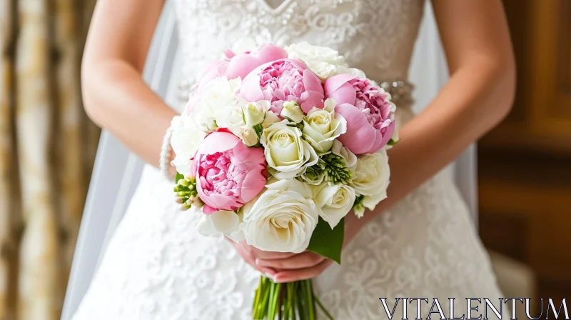 Elegant Bride with Bouquet and Wedding Dress AI Image