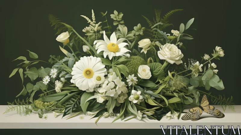 Elegant White and Green Flower Bouquet Still Life AI Image