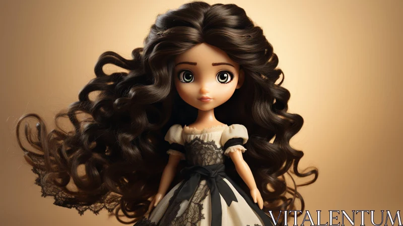 Exquisite 3D Doll Rendering with Long Brown Hair and Green Eyes AI Image
