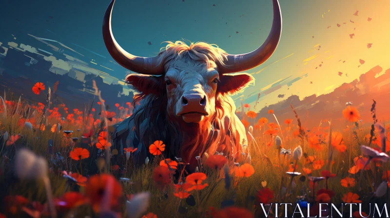 Tranquil Bull Painting in Flower Field AI Image