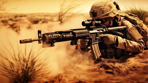 Military Soldier in Combat Gear - Desert Rifle Scene