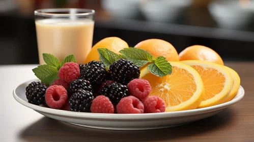 Plate of Fruit and Glass of Milk on Wooden Table